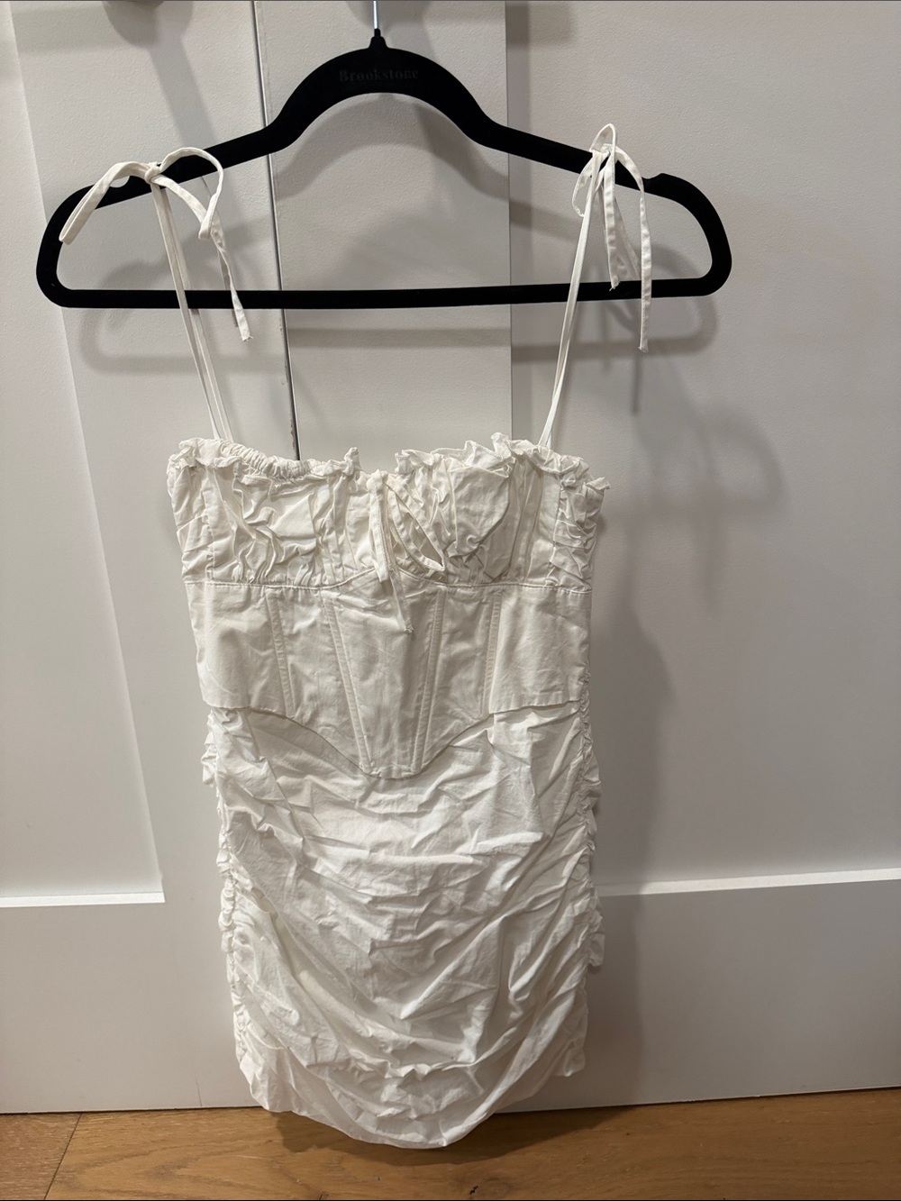 White Fox Boutique White Ruched Corset Tie-Shoulder Mini Dress